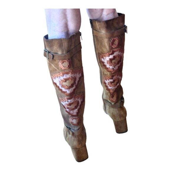 Gianni Bini Boots Southwestern Boho Leather Knee High Aztec Embroidered Suede 10 - Picture 4 of 16
